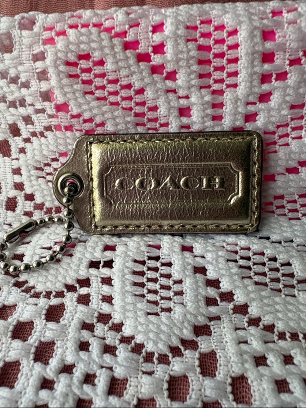 Coach Metallic Gold Leather Logo Tag Keyring